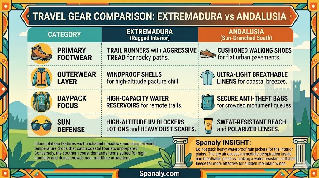 A detailed infographic chart comparing travel gear between Extremadura rugged interior and Andalusia sun-drenched coast, highlighting footwear, outerwear, and bags.