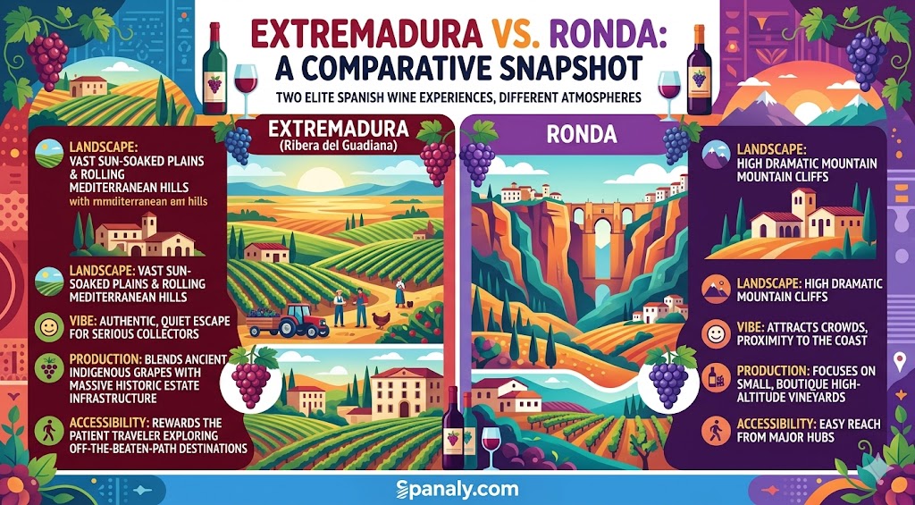 Infographic comparing Extremadura (Ribera del Guadiana) and Ronda wine regions, highlighting key differences in landscape, atmosphere, production, and travel accessibility.