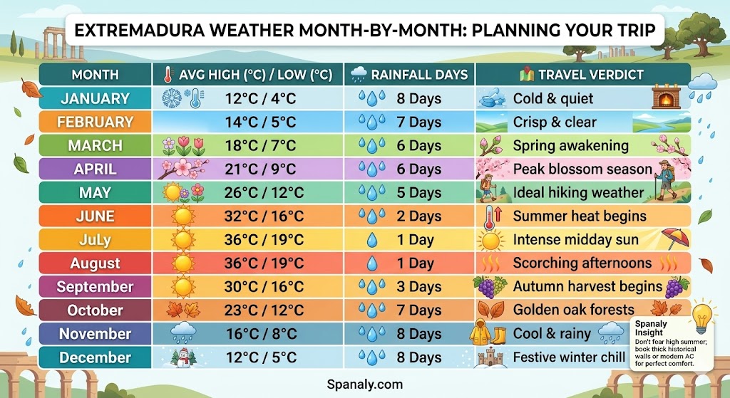 Infographic displaying Extremadura weather month-by-month, showing average high and low temperatures, rainfall days, and travel verdicts for each month.