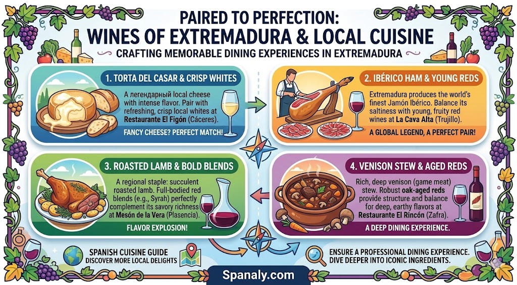 Infographic guide to pairing Extremadura wines with local cuisine, including Torta del Casar, Ibérico ham, roasted lamb, and venison stew for a professional dining experience.