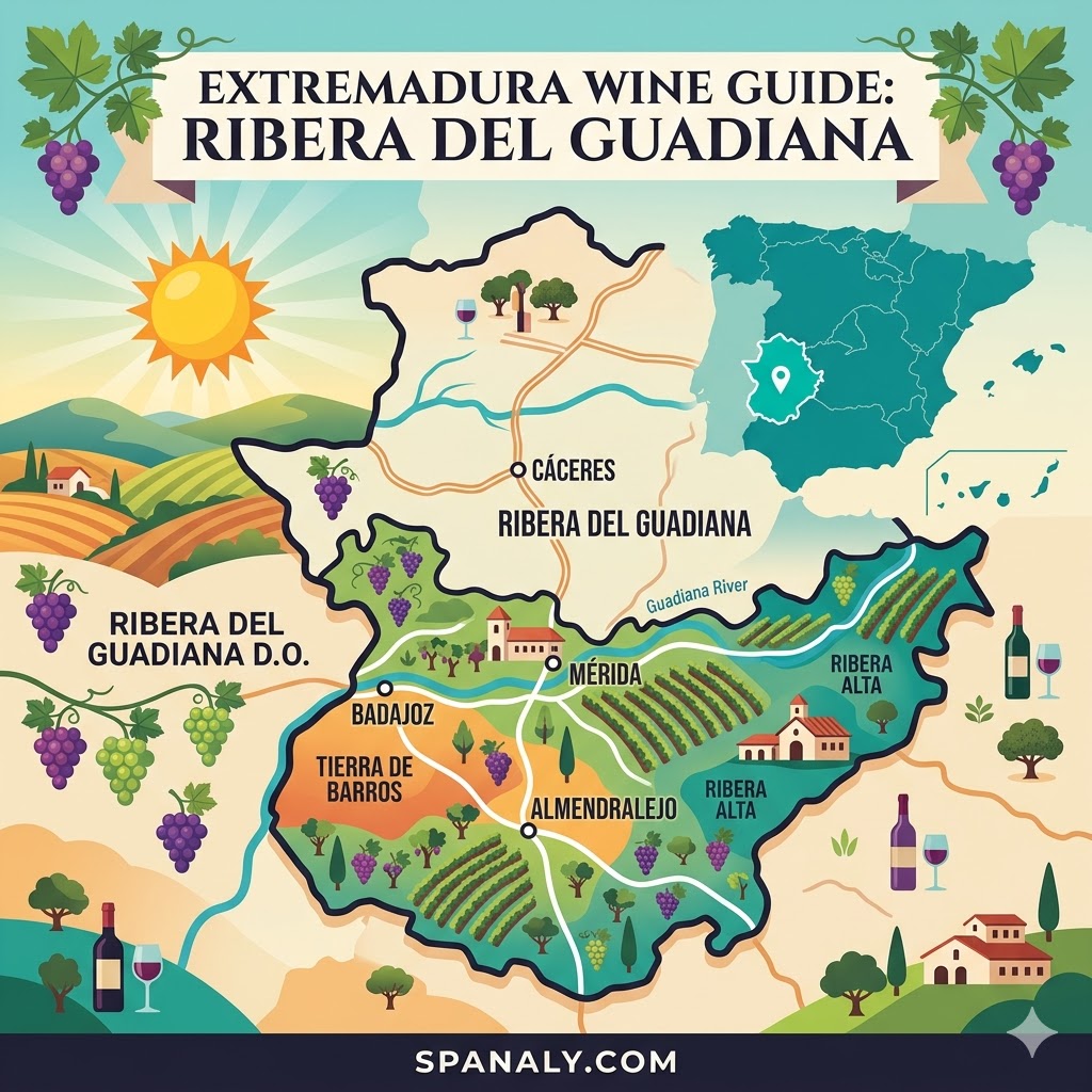Epic map infographic of the Ribera del Guadiana wine region in Extremadura, showcasing top vineyards and wineries for the ultimate 2026 wine travel guide.