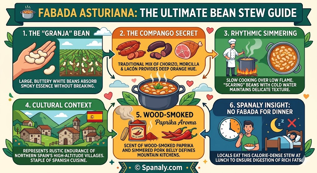 Comprehensive infographic about Fabada Asturiana featuring Granja beans, the compango meat mix, and traditional slow-cooking techniques in Asturias.