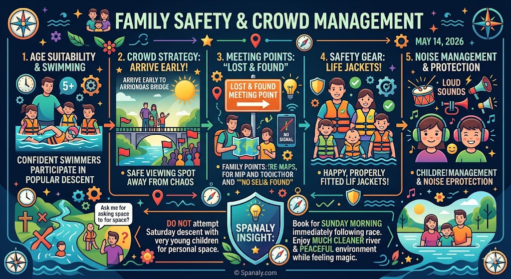 A family safety infographic for the Sella Descent in Asturias featuring age suitability tips, meeting points, life jacket requirements, and noise protection for children.
