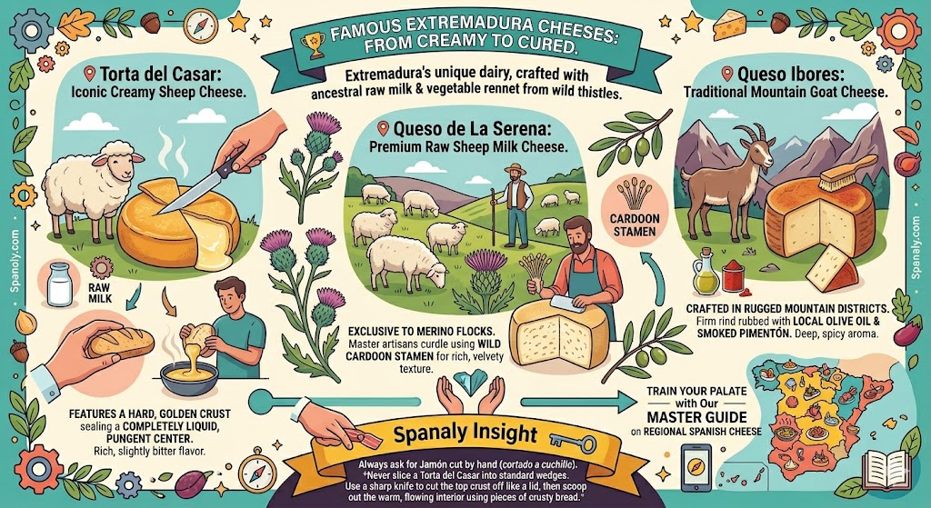 Infographic guide to famous Extremadura cheeses, showcasing Torta del Casar, Queso de La Serena, and Queso Ibores with milk types and serving tips.