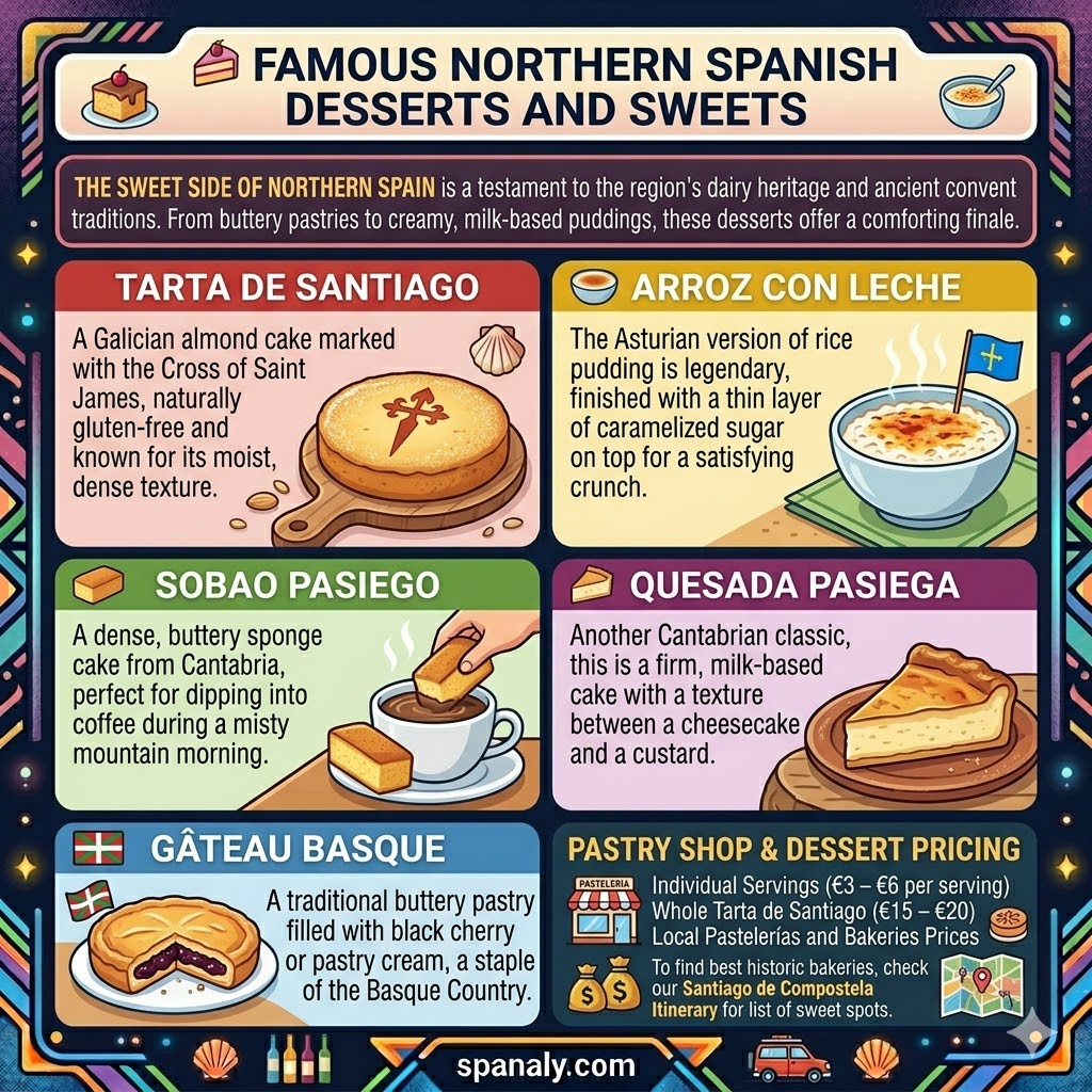 Infographic of famous Northern Spanish desserts including Tarta de Santiago, Asturian Arroz con Leche, Cantabrian Sobao Pasiego, and Basque Gâteau Basque with pricing details.
