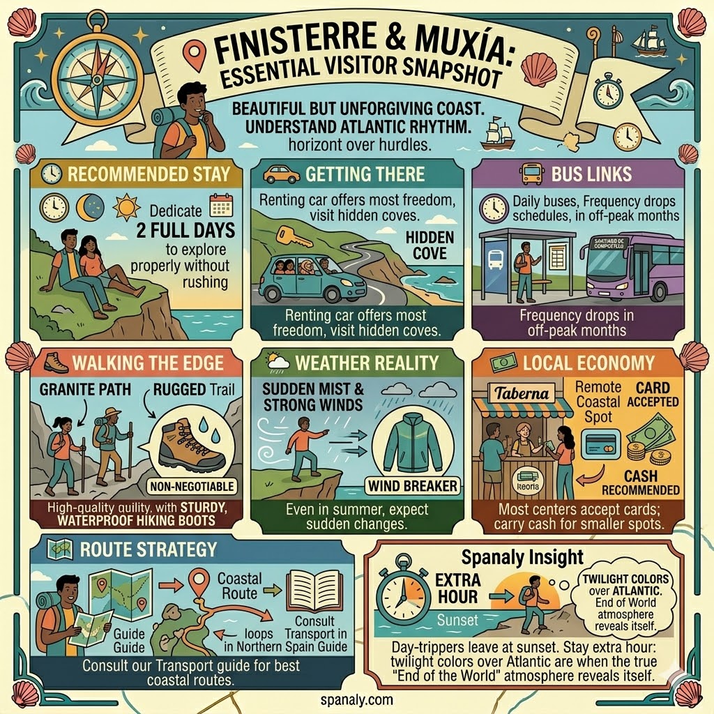 Infographic snapshot for Finisterre and Muxía visitors featuring travel logistics, weather tips, hiking gear requirements, and sunset advice.