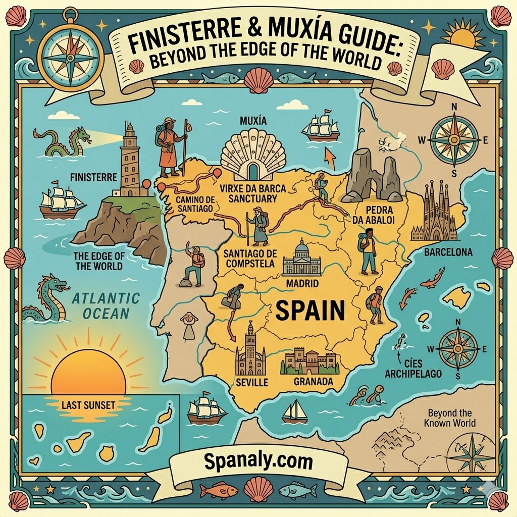 Epic infographic map of Spain highlighting Finisterre and Muxía as the edge of the world destinations on the Camino de Santiago.