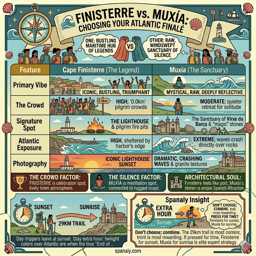 Comparison infographic between Cape Finisterre and Muxía featuring differences in vibe, crowds, and iconic spots like the lighthouse and sanctuary.