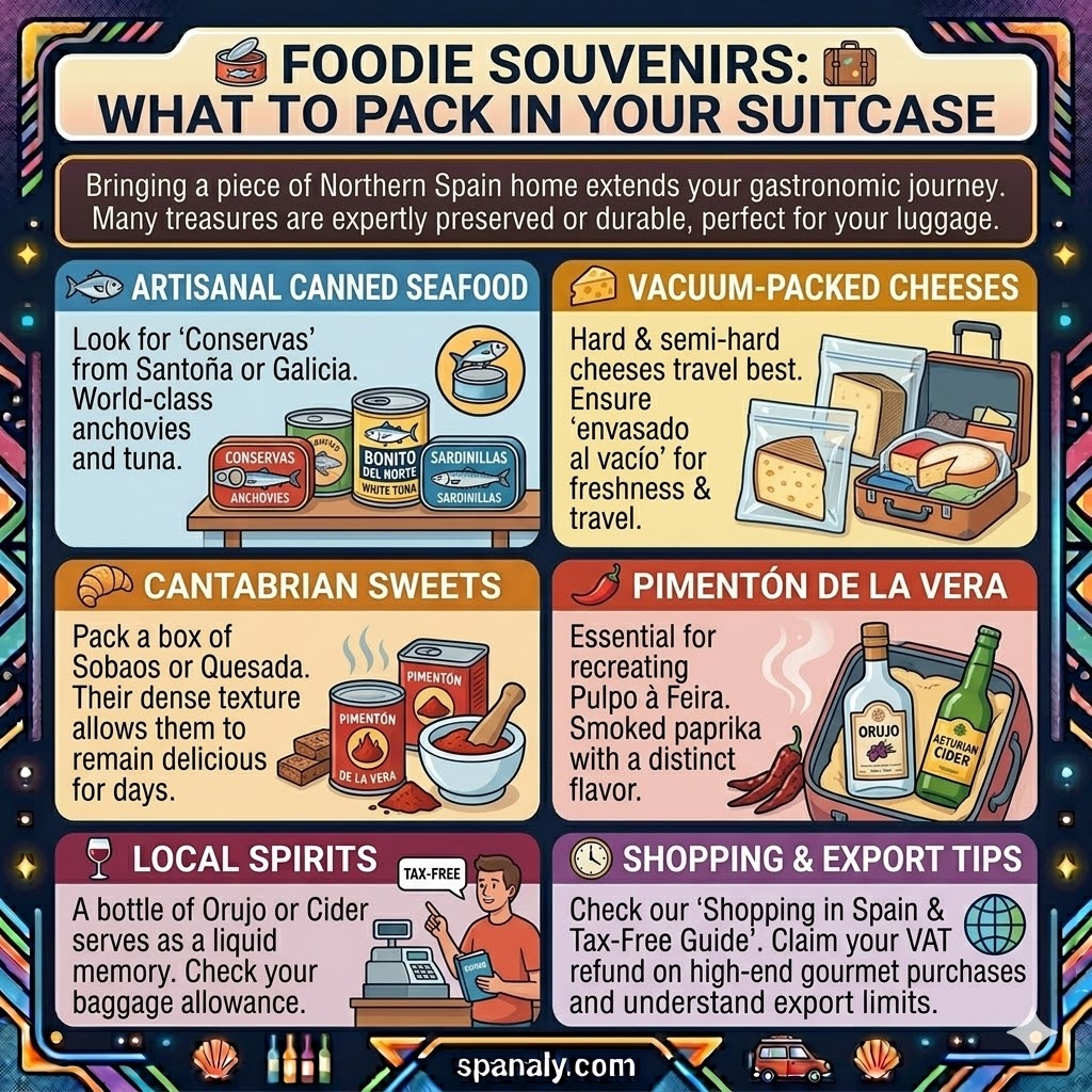 Foodie souvenirs infographic for Northern Spain featuring artisanal canned seafood, vacuum-packed cheeses, Sobaos Pasiego, Pimentón de la Vera, and Galician Orujo with tax-free shopping tips.