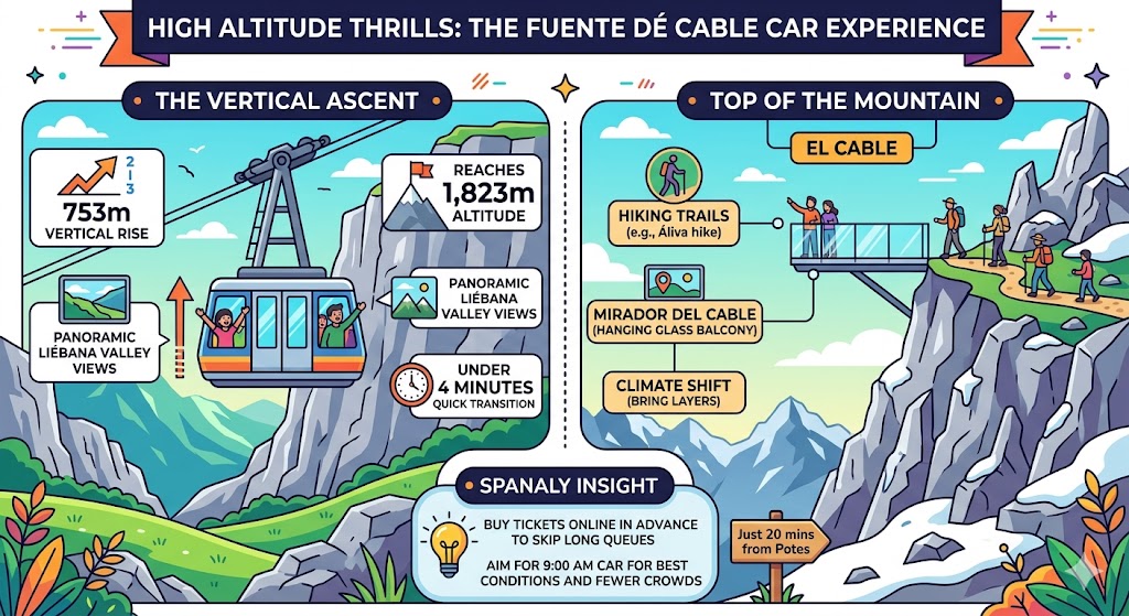 Infographic guide to the Fuente Dé cable car in Picos de Europa, showing the 753-meter vertical ascent to 1,823 meters altitude, the El Cable station, panoramic mountain views, and hiking trails by Spanaly.com
