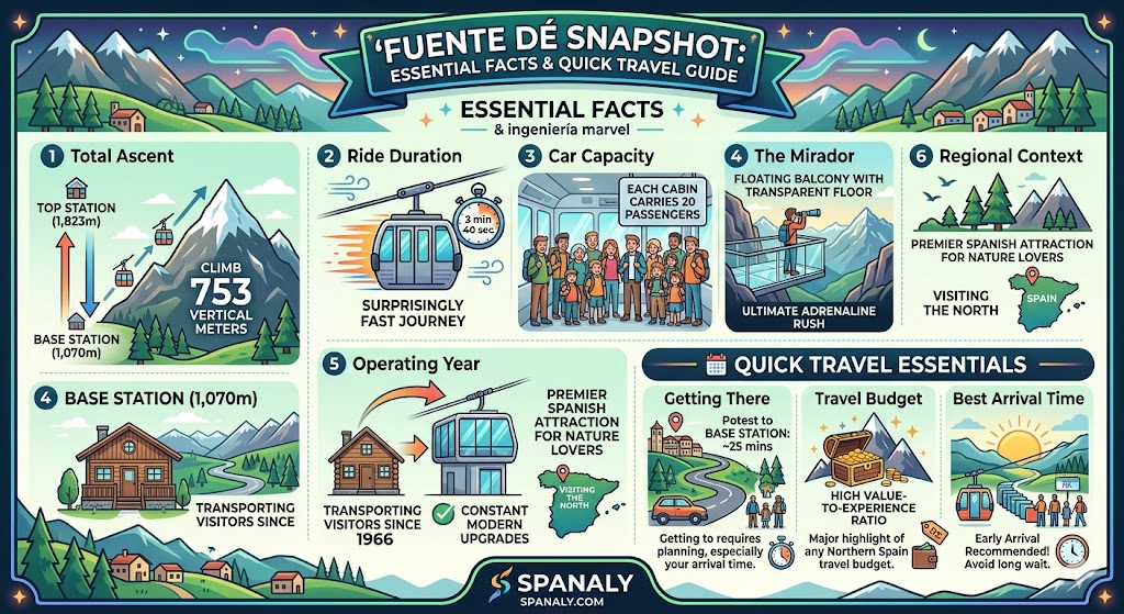 Infographic showing Fuente Dé Cable Car facts including 753m ascent, 4-minute ride duration, and travel tips for Picos de Europa.