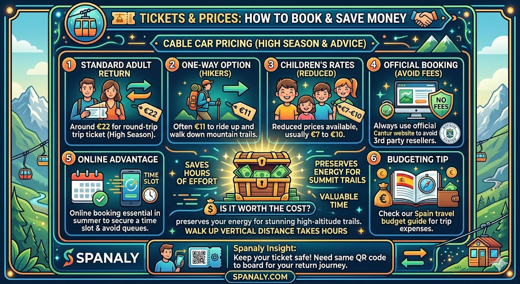 Infographic showing Fuente Dé Cable Car ticket prices for adults and children, online booking tips, and money-saving advice for Picos de Europa visitors.