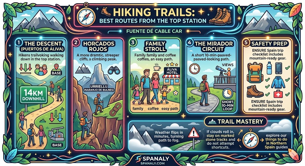 Infographic guide of hiking trails from Fuente Dé top station including Puertos de Áliva descent, Horcados Rojos, and safety tips for Picos de Europa hikers.