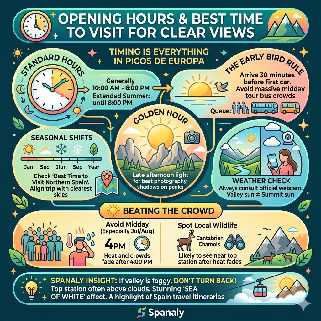 Infographic showing Fuente Dé Cable Car opening hours, weather check tips, and best times to visit Picos de Europa for clear mountain views.
