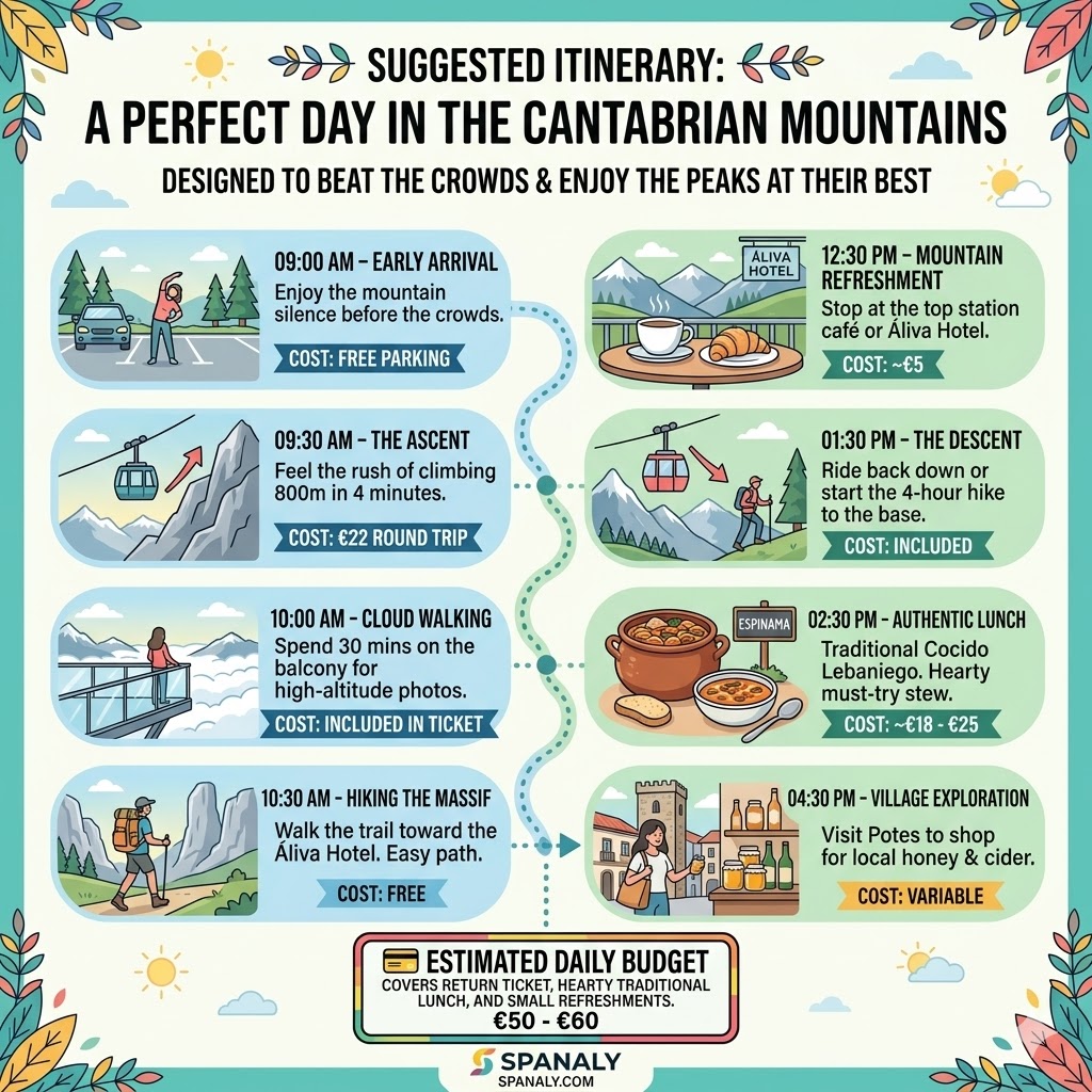 Infographic of a suggested one-day itinerary for Fuente Dé Cable Car, featuring time slots from arrival to lunch in Espinama and a total daily budget of 50 to 60 euros.