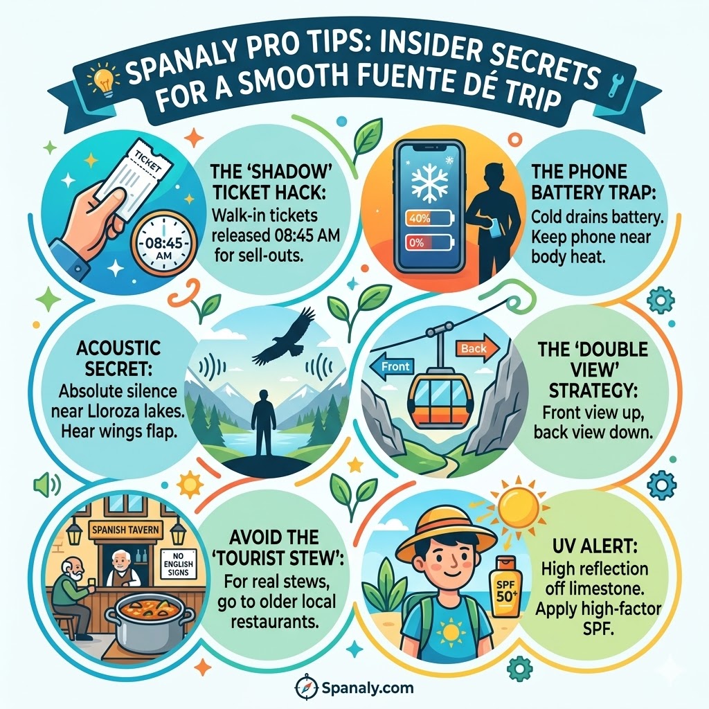 Infographic of Spanaly pro tips for Fuente Dé Cable Car featuring ticket hacks, phone battery saving in cold weather, and local dining secrets.