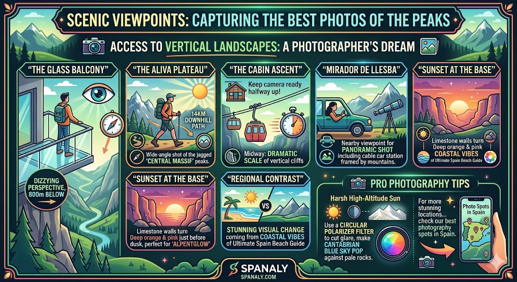 Infographic guide for photography at Fuente Dé highlighting the glass balcony, Aliva plateau views, and professional tips for shooting limestone peaks.