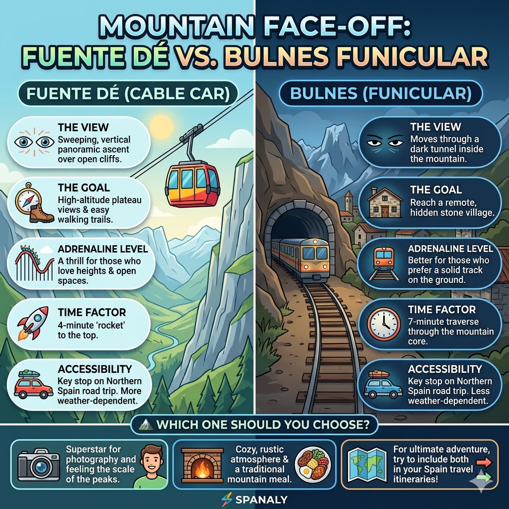 Comparison infographic between Fuente Dé Cable Car and Bulnes Funicular in Picos de Europa, highlighting views, adrenaline levels, and travel tips.