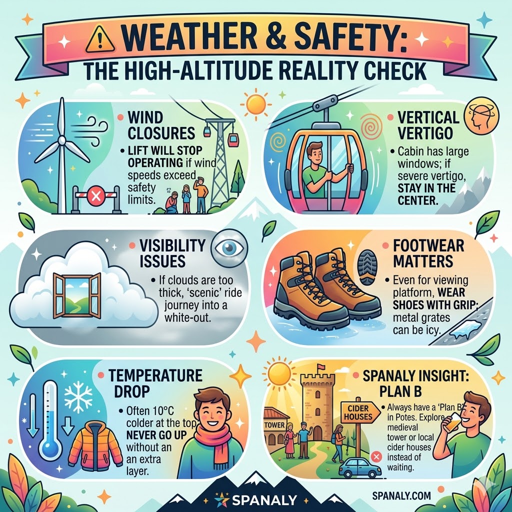 Infographic about weather and safety at Fuente Dé Cable Car, featuring wind closure rules, temperature drop warnings, and high-altitude safety tips for Picos de Europa.