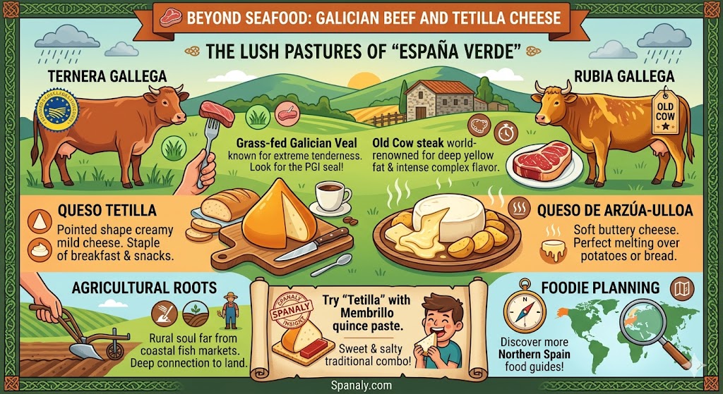 Vibrant culinary infographic showing Galician land delicacies including Ternera Gallega beef with PGI seal, Rubia Gallega old cow steak, and traditional Tetilla and Arzúa-Ulloa cheeses.