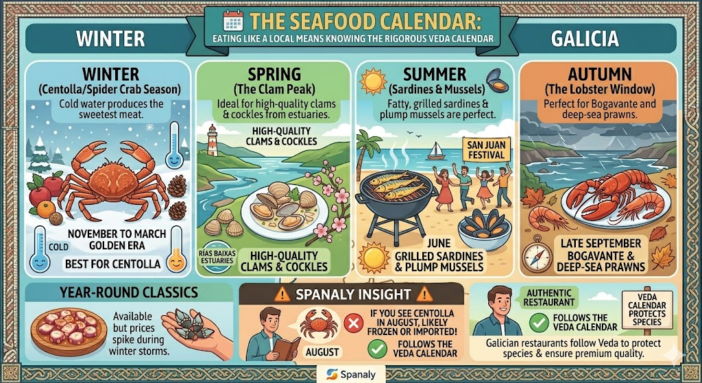 A seasonal seafood calendar for Galicia highlighting the best times to eat spider crab in winter, clams in spring, sardines in summer, and lobster in autumn according to the Veda closed season.