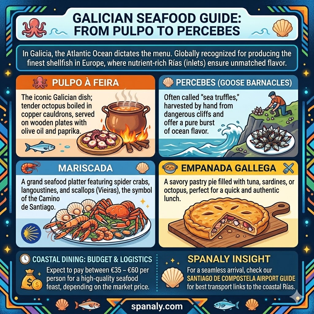Galician seafood guide infographic featuring Pulpo à Feira, Percebes goose barnacles, Mariscada platter, and Empanada Gallega with budget and transport tips.