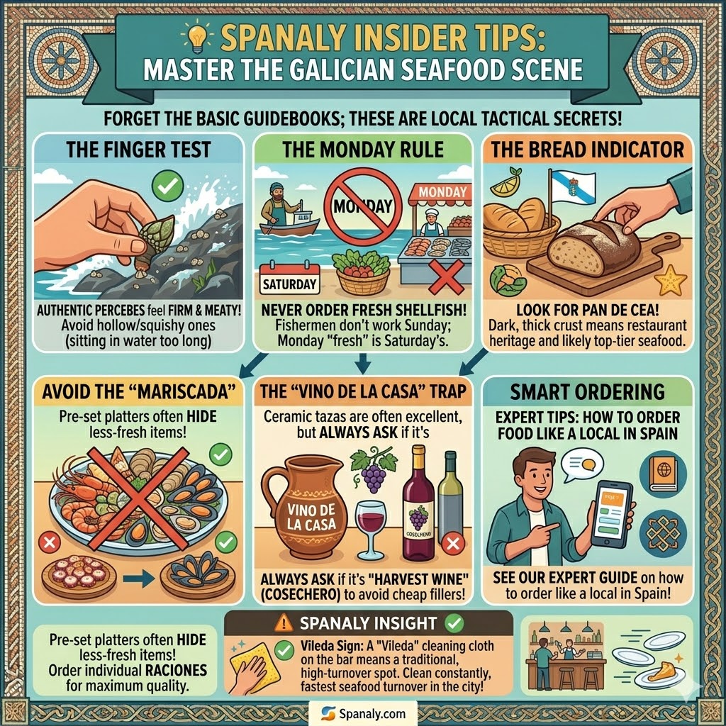 A tactical infographic showing local secrets for eating seafood in Galicia, featuring the Monday Rule, the finger test for percebes, avoiding mariscada platters, and identifying quality via Pan de Cea.