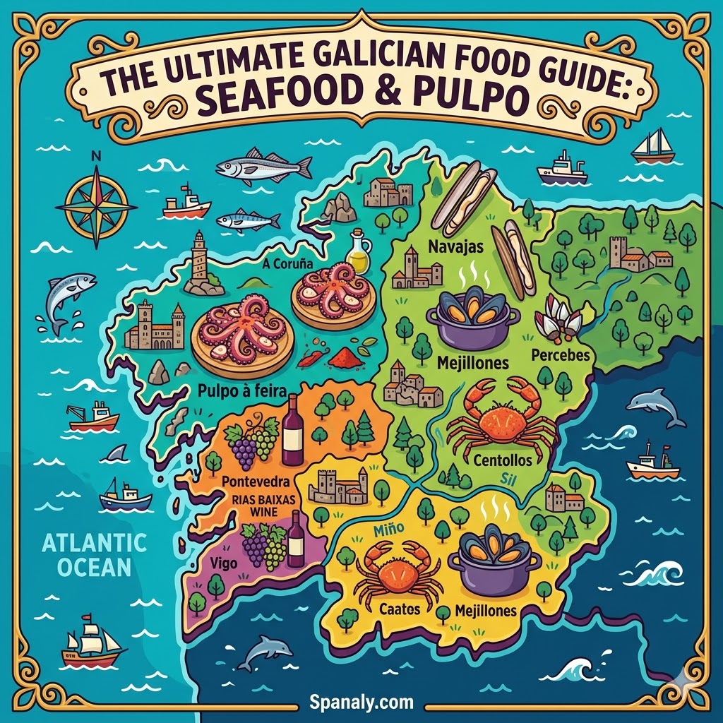 An epic infographic map of Galicia featuring iconic seafood like Pulpo a la Gallega, Scallops, and Barnacles, designed as a vibrant featured image for Spanaly.com.