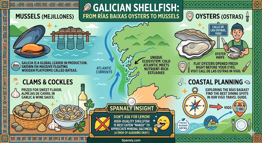 Educational infographic about Galician shellfish featuring Rías Baixas mussels on bateas, flat oysters from Vigo, Carril clams, and expert tips on eating seafood without lemon.