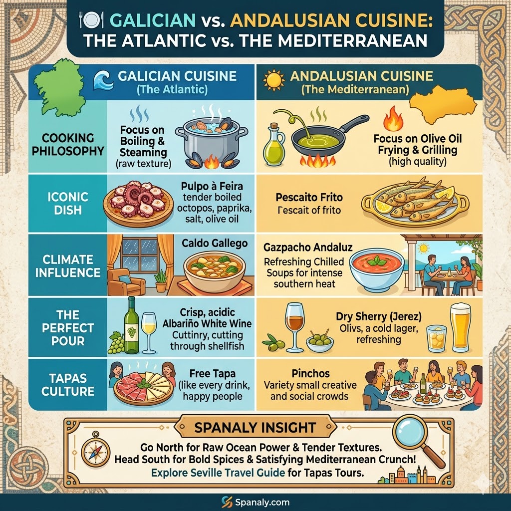A comparative infographic between Galician and Andalusian cuisine, highlighting differences in cooking philosophy, iconic dishes like Pulpo vs Pescaito Frito, and regional tapas cultures.