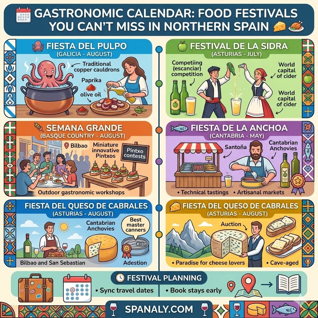 Infographic of major Northern Spanish food festivals including Fiesta del Pulpo Galicia, Asturian Cider Festival, Basque Semana Grande Pintxos, Cantabrian Anchovy Festival, and Cabrales Cheese Festival with planning advice.