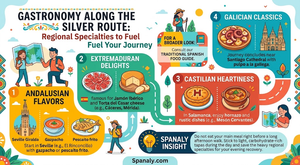 A colorful infographic guide to regional gastronomy along the Vía de la Plata, highlighting culinary specialties from Andalusia, Extremadura, Castile, and Galicia to fuel your journey.