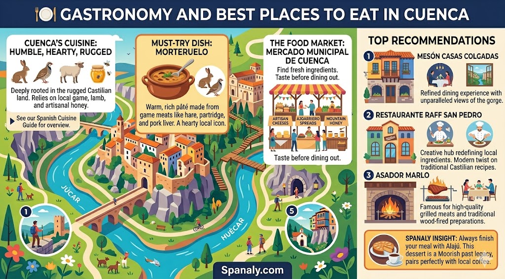 An infographic highlighting traditional Cuenca gastronomy, must-try dishes like Morteruelo and Alajú, and top-rated local restaurants.