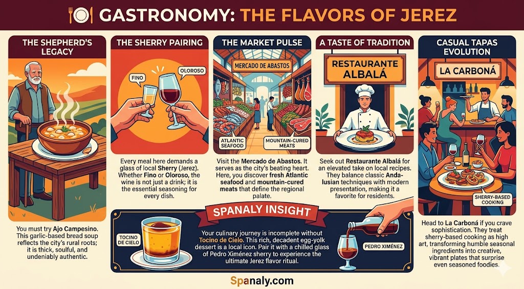 A colorful infographic showcasing the culinary delights of Jerez de la Frontera, including sherry pairing, local dishes like Ajo Campesino, and famous markets.