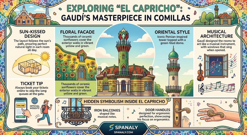 Infographic exploring El Capricho by Antoni Gaudi in Comillas, featuring sunflower tiles, Oriental tower, and musical architecture.