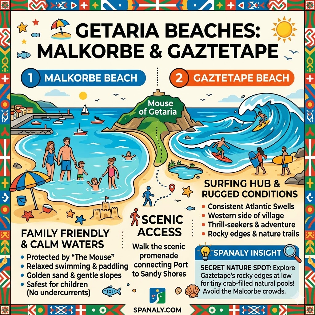 A colorful 1024x1024 infographic comparing Getaria's beaches: Malkorbe (family-friendly, calm waters, harbor view) versus Gaztetape (surf hub, rugged Atlantic waves, nature trails).