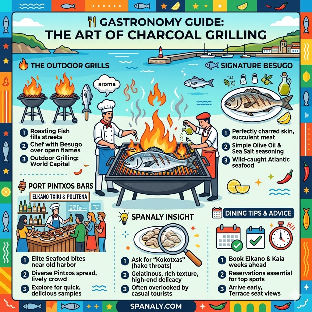 A colorful 1024x1024 infographic about Getaria gastronomy, featuring massive outdoor grills roasting Besugo (Sea Bream), a busy pintxos bar with seafood, and specific tips for reservations at Elkano and Kaia Kaipe.