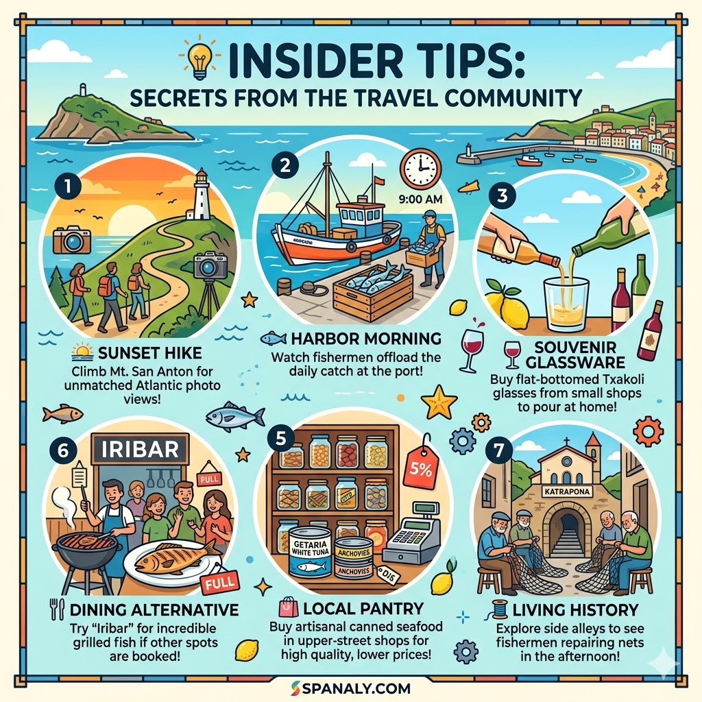 A colorful 1024x1024 infographic illustrating seven expert secrets for visiting Getaria, including sunset hikes, morning harbor catches, Txakoli glassware, and hidden tunnels.