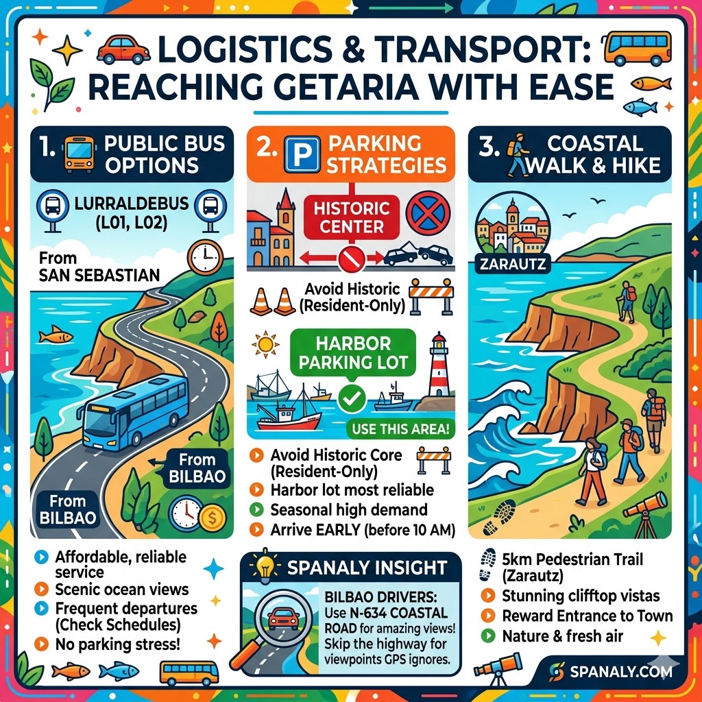 A vibrant 1024x1024 infographic about transport to Getaria, illustrating public bus options from San Sebastian and Bilbao, the limited resident-only parking zones versus the large harbor lot, and the scenic 5km coastal walk from Zarautz.