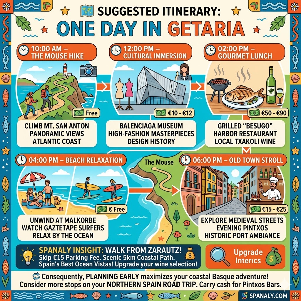 A colorful 1024x1024 infographic summarizing a suggested one-day itinerary in Getaria. It visualizes five main steps: 10:00 AM (Free Mt. San Anton hike), 12:00 PM (€10-€12 Balenciaga Museum), 2:00 PM (€50-€90 Grilled Seafood Lunch with Txakoli), 4:00 PM (Free Malkorbe/Gaztetape Beach), and 6:00 PM (€15-€25 Old Town Pintxos). Includes Spanaly Insight and costs.