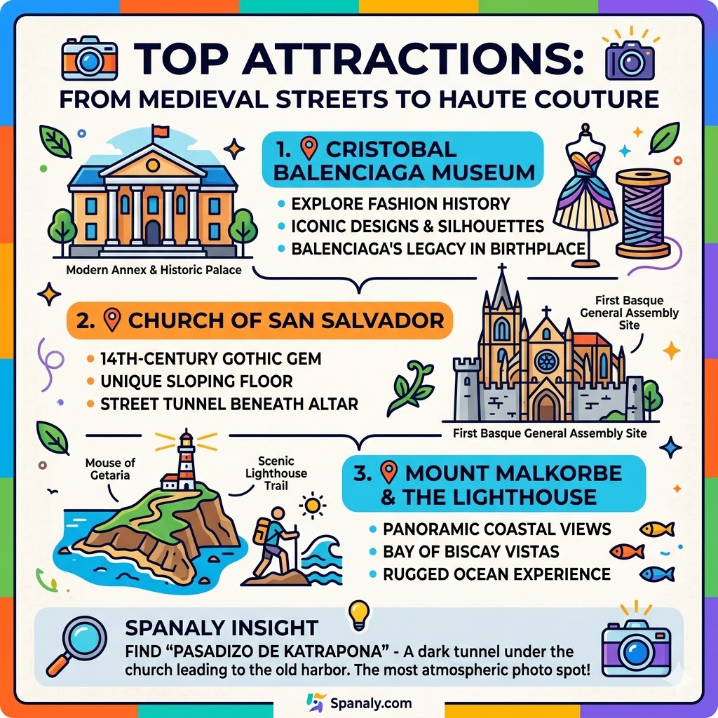 A vibrant 1024x1024 infographic for Getaria attractions featuring the Cristobal Balenciaga Museum, the Gothic San Salvador Church with its unique sloping floor, and the scenic Mount Malkorbe lighthouse trail.