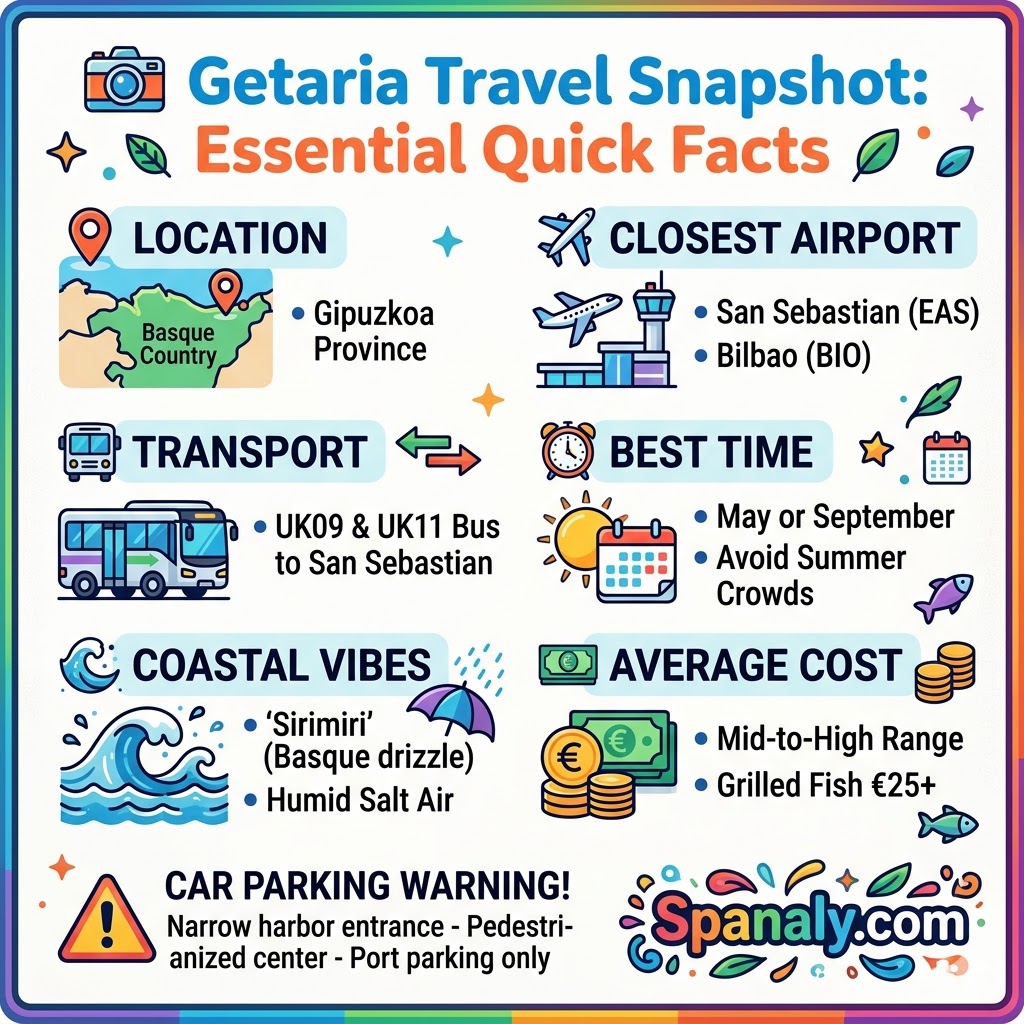 A colorful 1024x1024 infographic summarizing Getaria travel facts, including location in Gipuzkoa, transport from San Sebastian, best visiting times, and a parking warning for the harbor area.