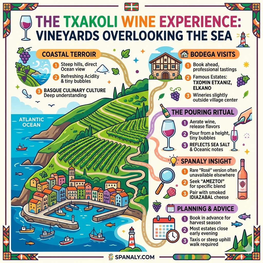 A colorful 1024x1024 infographic about Txakoli wine in Getaria, featuring coastal vineyards overlooking the Atlantic, bodega visit tips for Txomin Etxaniz, and the traditional pouring ritual.
