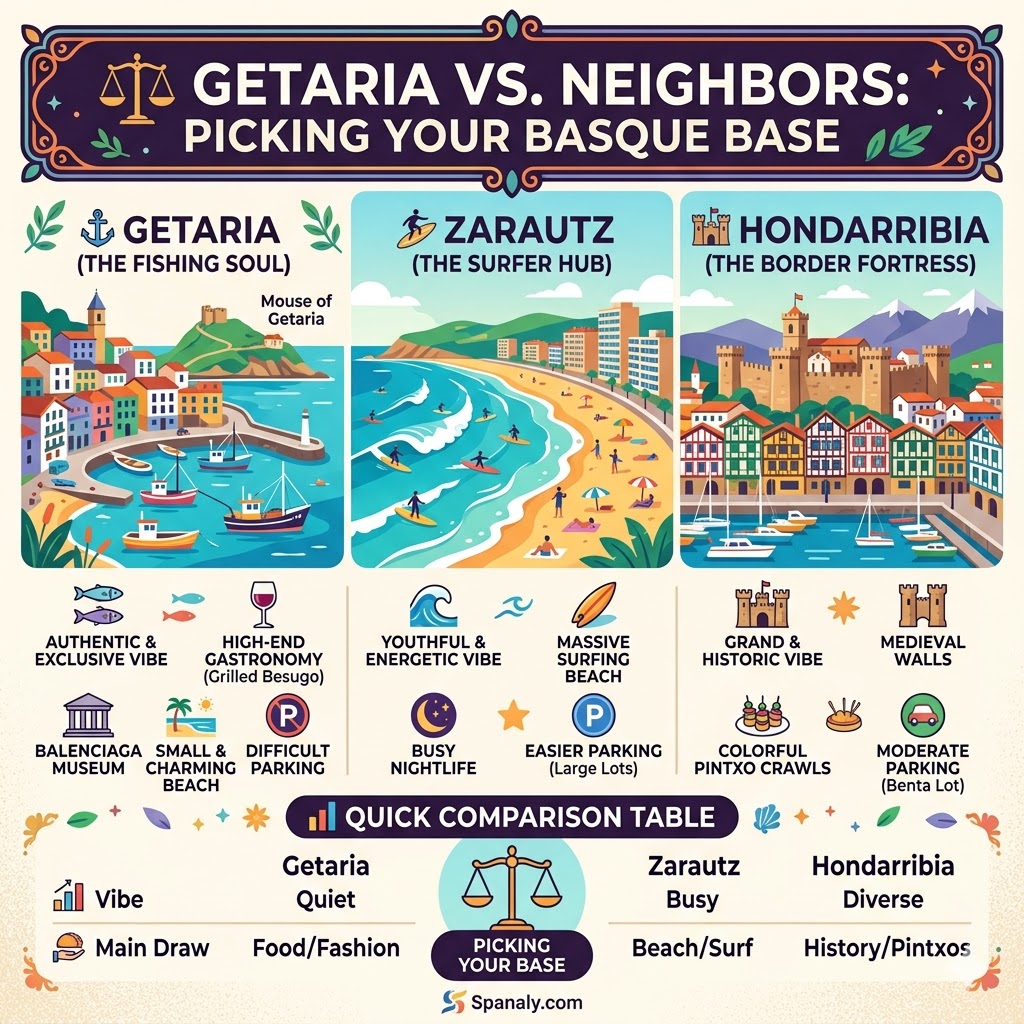 A detailed comparison infographic between Getaria, Zarautz, and Hondarribia, showcasing differences in vibes, main attractions like the Balenciaga Museum and surfing beaches, and parking logistics.