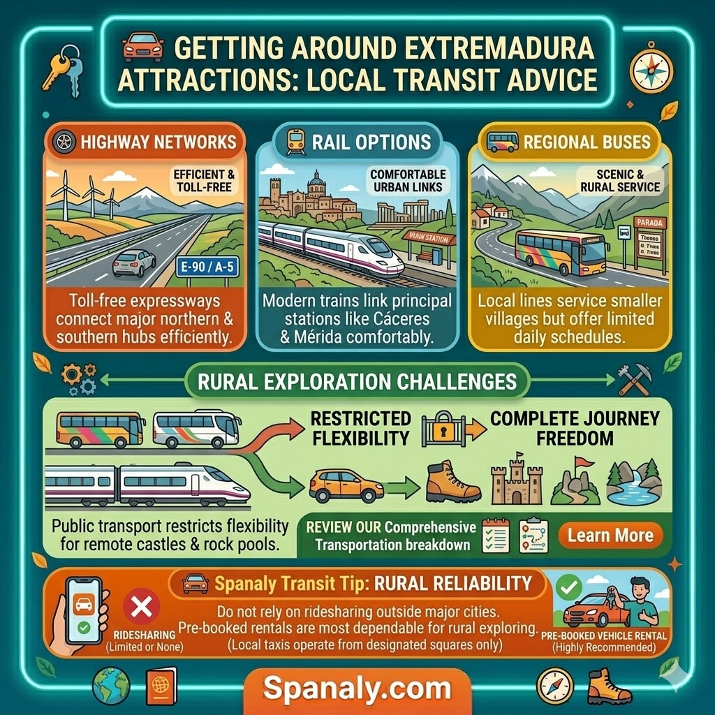 Extremadura local transit infographic showing highway networks rail options train links and regional buses