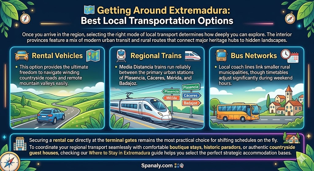 Local transport infographic map showing rental car paths regional trains and bus networks to get around Extremadura