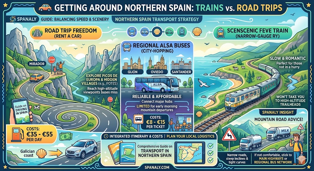 Comparison infographic of transport options in Northern Spain, featuring road trip car rentals for Picos de Europa, the scenic FEVE train, and regional ALSA buses with cost estimates and driving tips by Spanaly.com