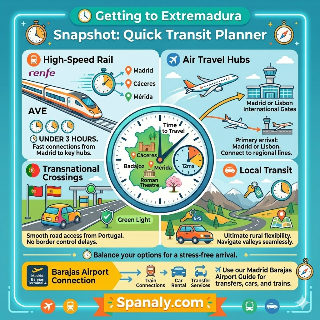 Transportation guide infographic for Extremadura showing high-speed rail, air travel hubs, and local transit options