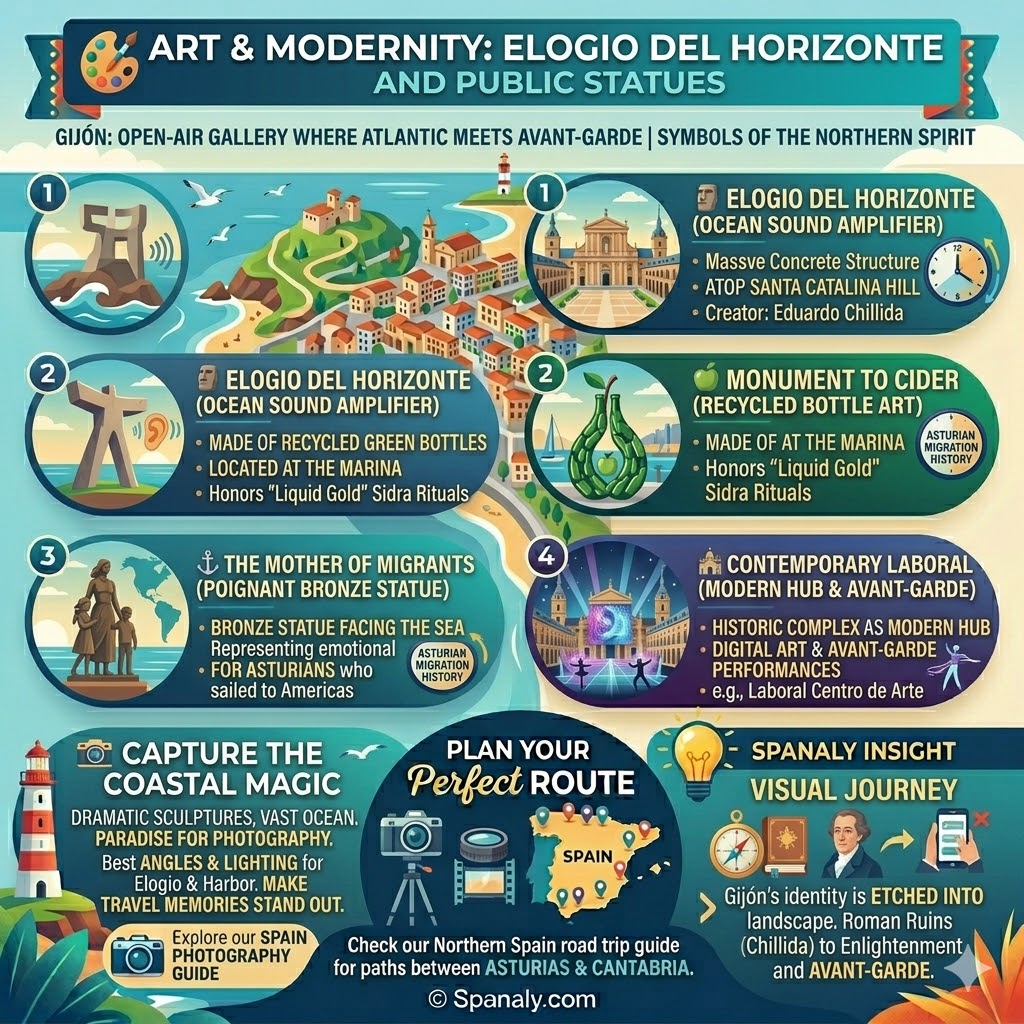 Infographic of art and modernity in Gijon featuring Elogio del Horizonte, Monument to Cider, Mother of Migrants statue, and Laboral Centro de Arte.