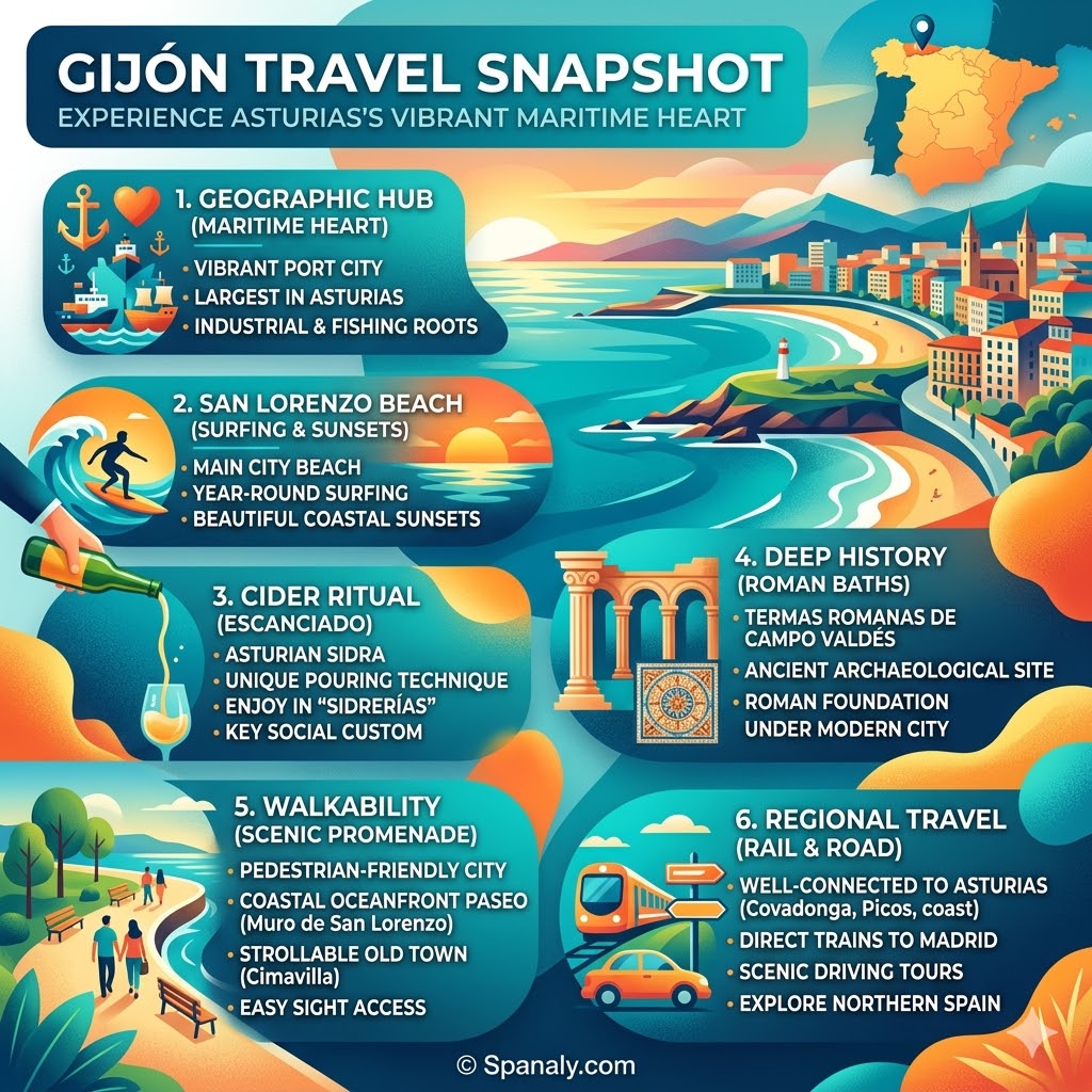 Infographic of Gijon travel essentials featuring San Lorenzo beach, cider pouring ritual, Roman baths, and coastal walkability in Asturias.